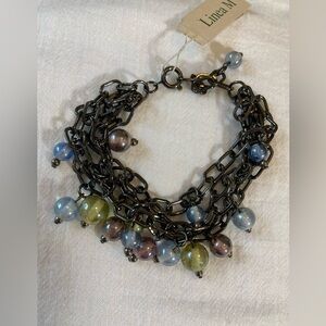 Linea M Gun Metal Multi Chains Bracelet with Glass Charms‎ Beads New w/ Tags